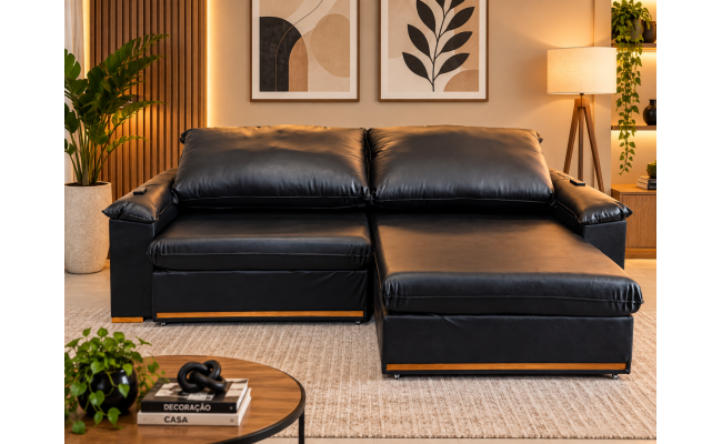 Sofá Vancouver 2,90 metros com Massageador Reclinável em Couro Ecológico – Conforto e Relaxamento
