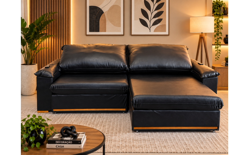 Sofá Vancouver 2,50 metros com Massageador Reclinável em Couro Ecológico – Conforto e Relaxamento
