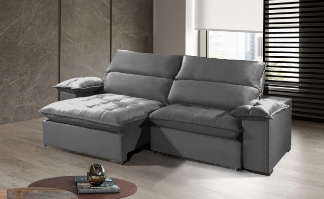 Sofá Retrátil e Reclinável 2.20m ESTILO ESTOFADOS - OSLO com SoftGel D33 Velusoft "Cinza"