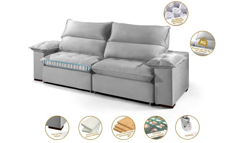 Sofá Retrátil e Reclinável 2.20m ESTILO ESTOFADOS - OSLO com SoftGel D33 Velusoft "Prata" Sofá Retrátil e Reclinável 2.20m ESTILO ESTOFADOS - OSLO com SoftGel D33 Velusoft "Prata"