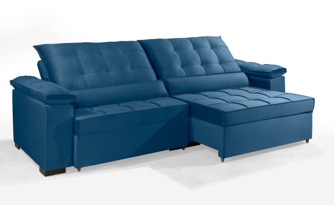 Sofá Retrátil e Reclinável RENEW 2.50m ESTILO ESTOFADOS - França Velusoft Cor "Azul"