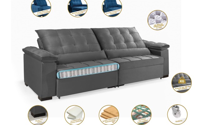 Sofá Retrátil e Reclinável RENEW 2.30m ESTILO ESTOFADOS - França Velusoft Cor "Cinza"