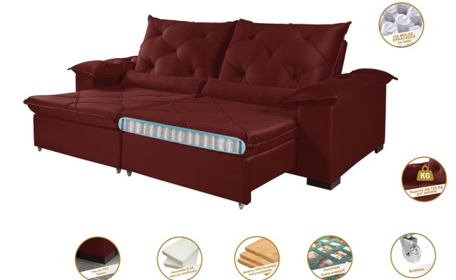 Sofá Retrátil Reclinável ATENAS 2.50m ESTILO ESTOFADOS - França Velusoft COR "VERMELHO"