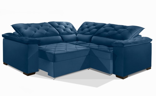 Sofá Retrátil Reclinável BERLIM DE CANTO 2.50 x 2.50 ESTILO ESTOFADOS - França Velusoft COR "AZUL"