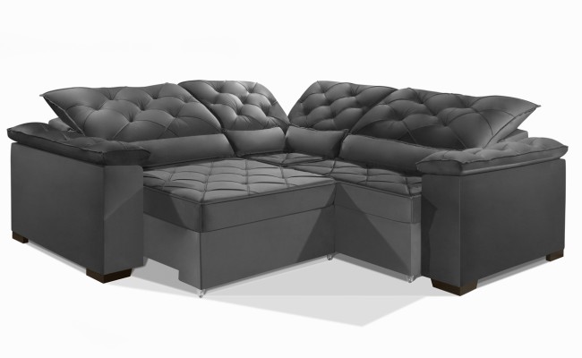 Sofá Retrátil Reclinável BERLIM DE CANTO 2.40 x 2.40 ESTILO ESTOFADOS - França Velusoft COR "CINZA"