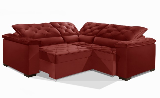 Sofá Retrátil Reclinável BERLIM DE CANTO 2.50 x 2.50 ESTILO ESTOFADOS - França Velusoft COR "VERMELHO"