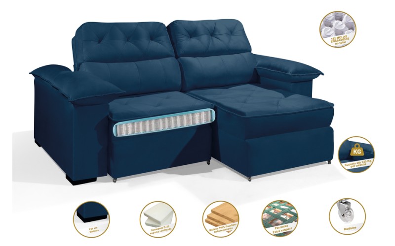 Sofá Retrátil Reclinável DOA 2.20m ESTILO ESTOFADOS - França Velusoft COR "AZUL" Sofá Retrátil Reclinável DOA 2.20m ESTILO ESTOFADOS - França Velusoft COR "AZUL"