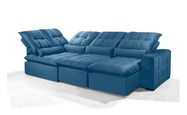 Sofá Retrátil Reclinável ELLOA DE CANTO COM CHAISE 3.05 x 1.80m ESTILO ESTOFADOS - Inca Velusoft COR "AZUL"