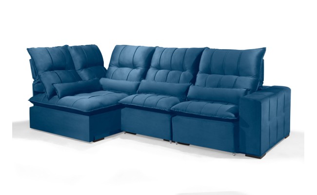 Sofá Retrátil Reclinável ELLOA DE CANTO COM CHAISE 3.25 x 1.80m ESTILO ESTOFADOS - Inca Velusoft COR "AZUL"