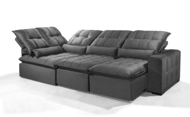 Sofá Retrátil Reclinável ELLOA DE CANTO COM CHAISE 3.45 x 1.80m ESTILO ESTOFADOS - Inca Velusoft COR "CINZA"