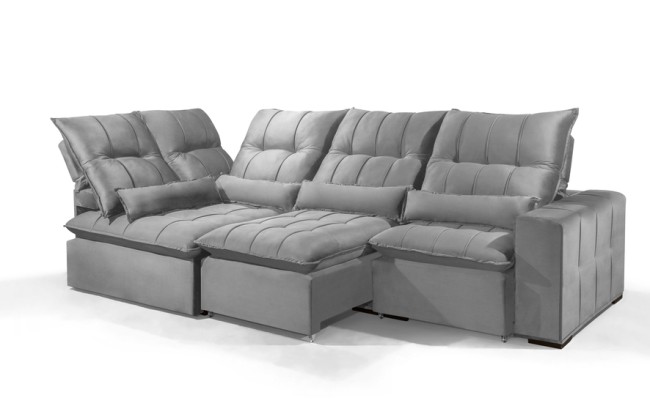 Sofá Retrátil Reclinável ELLOA DE CANTO COM CHAISE 3.45 x 1.80m ESTILO ESTOFADOS - Inca Velusoft COR "PRATA"
