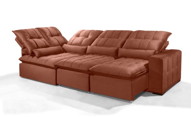 Sofá Retrátil Reclinável ELLOA DE CANTO COM CHAISE 3.65 x 1.80m ESTILO ESTOFADOS - Inca Velusoft COR "TERRA COTA"
