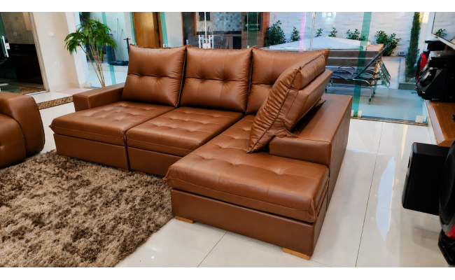  Sofá de Canto Viena em Couro Ecológico 2,48x2,10 | Chaise Retrátil e Reclinável