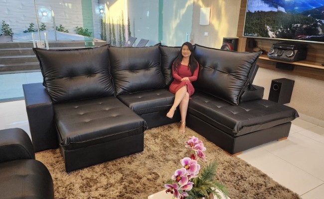 Sofá de Canto Viena em Couro Ecológico 2,98x2,10 | Chaise Retrátil e Reclinável